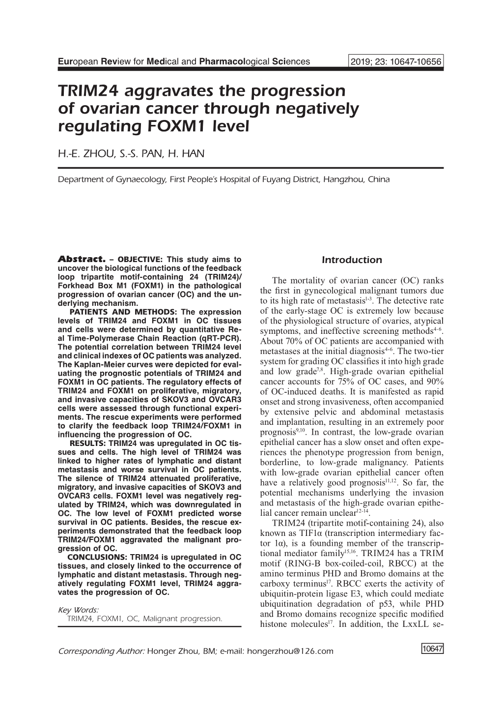 TRIM24 Aggravates the Progression of Ovarian Cancer Through Negatively Regulating FOXM1 Level