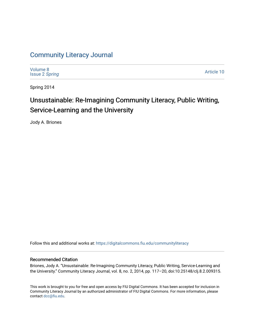 Unsustainable: Re-Imagining Community Literacy, Public Writing, Service-Learning and the University