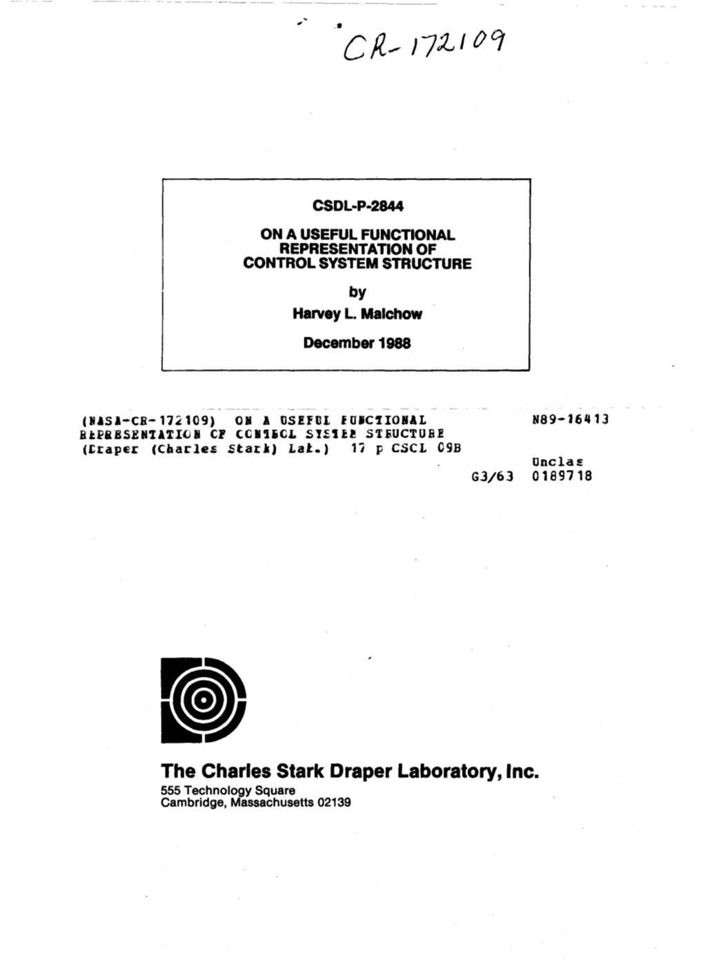 The Charles Stark Draper Laboratory, Inc. 555 Technology Square Cambridge, Massachusetts 02139 on a USEFUL FUNCTIONAL REPRESENTATION of CONTROL SYSTEM STRUCTURE