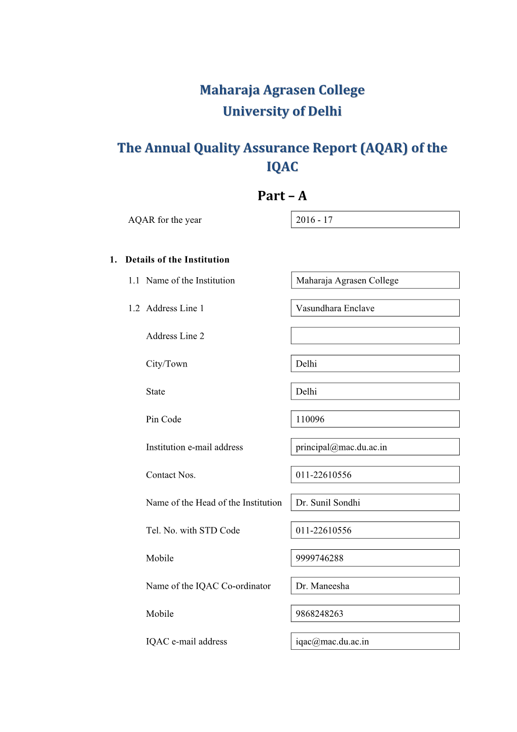 AQAR) of the IQAC