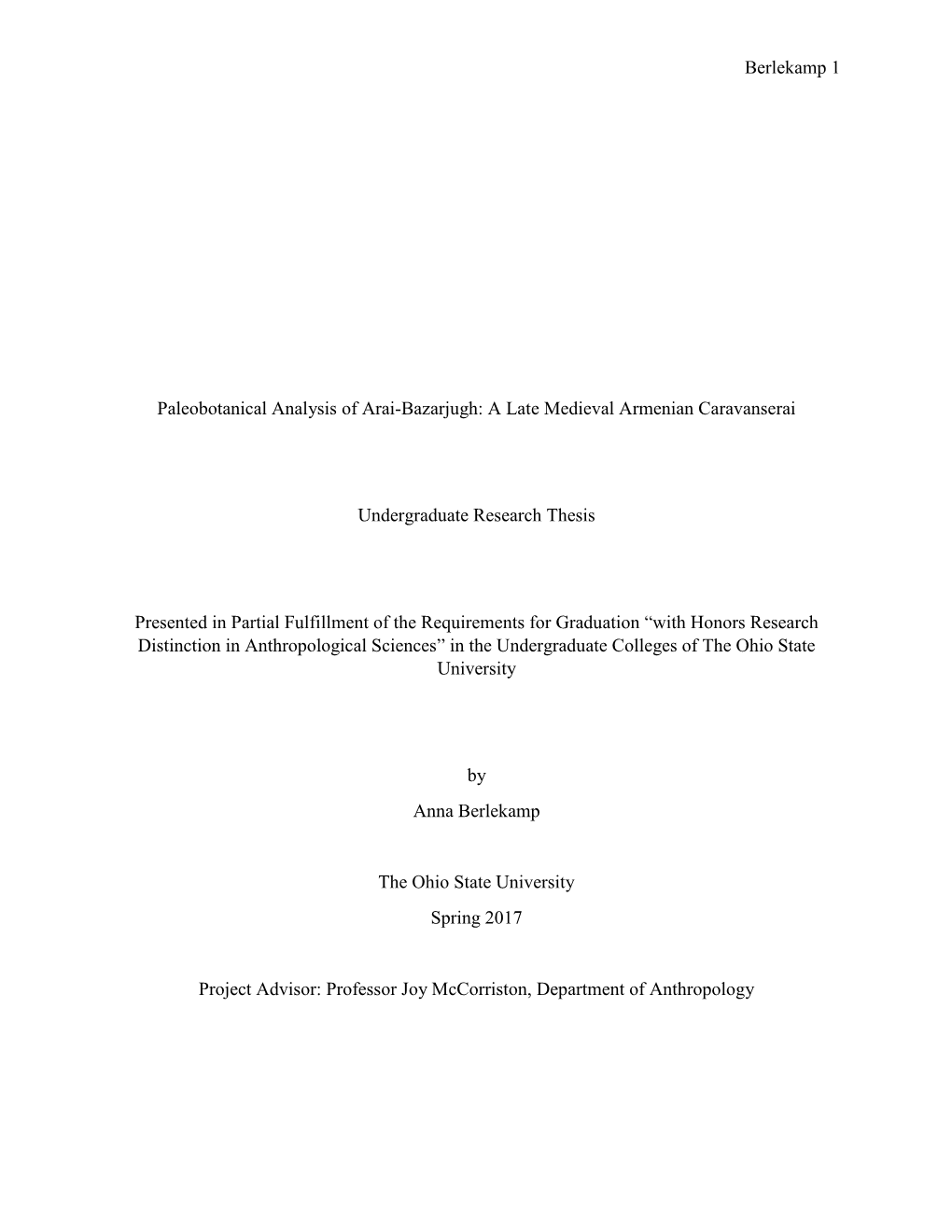 Berlekamp 1 Paleobotanical Analysis of Arai-Bazarjugh: a Late Medieval