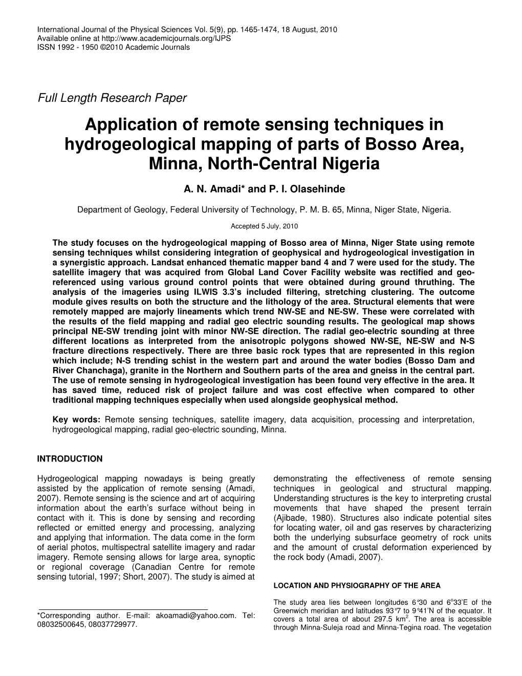 Application of Remote Sensing Techniques in Hydrogeological Mapping of Parts of Bosso Area, Minna, North-Central Nigeria