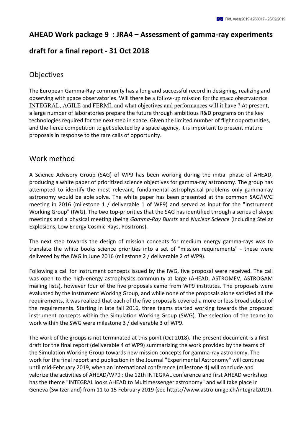 Assessment of Gamma-Ray Experiments Draft for a Final Report - 31 Oct 2018