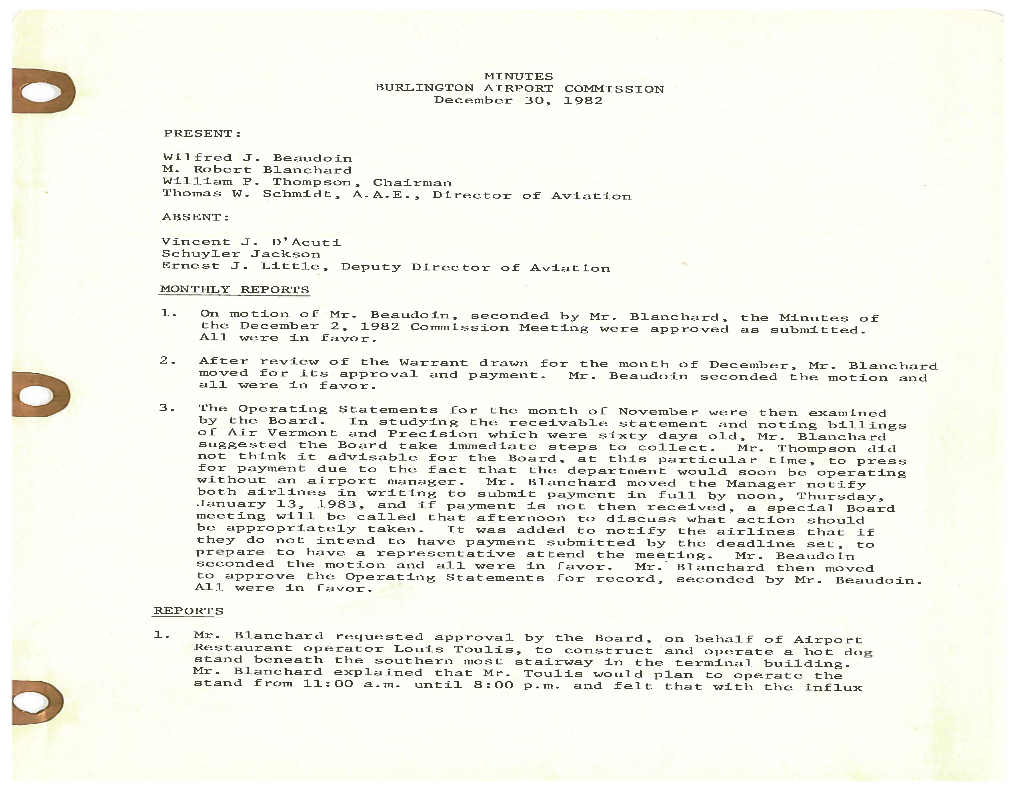 MINUTES BURLINGTON AIRPORT COMMISSION December 30, 1982 Page —2—