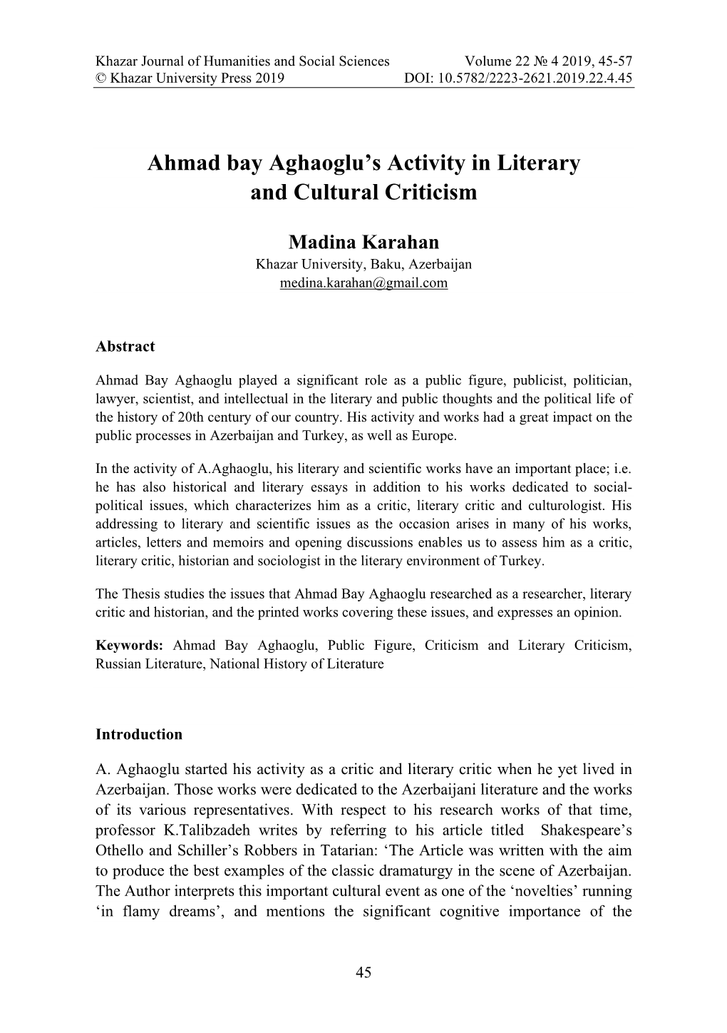 Ahmad Bay Aghaoglu's Activity in Literary and Cultural Criticism