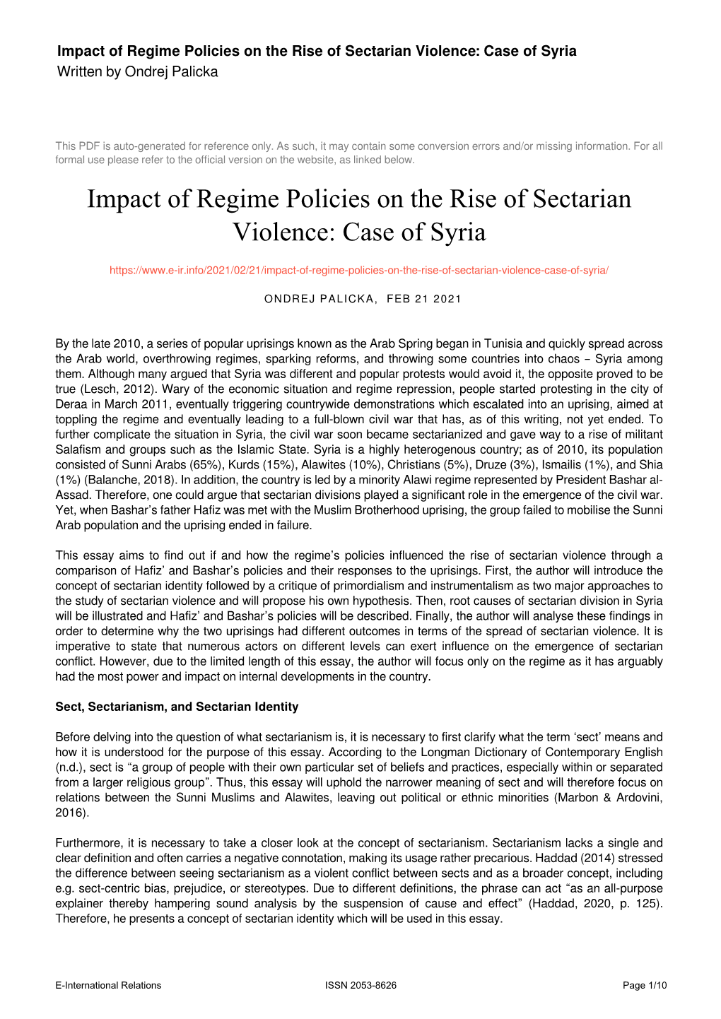 Impact of Regime Policies on the Rise of Sectarian Violence: Case of Syria Written by Ondrej Palicka