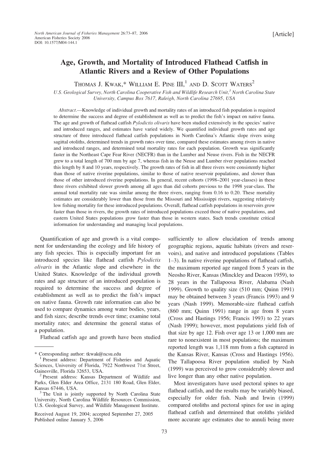 Age, Growth, and Mortality of Introduced Flathead Catfish in Atlantic Rivers and a Review of Other Populations