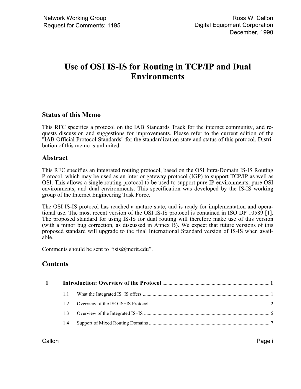 Use of OSI IS-IS for Routing in TCP/IP and Dual Environments