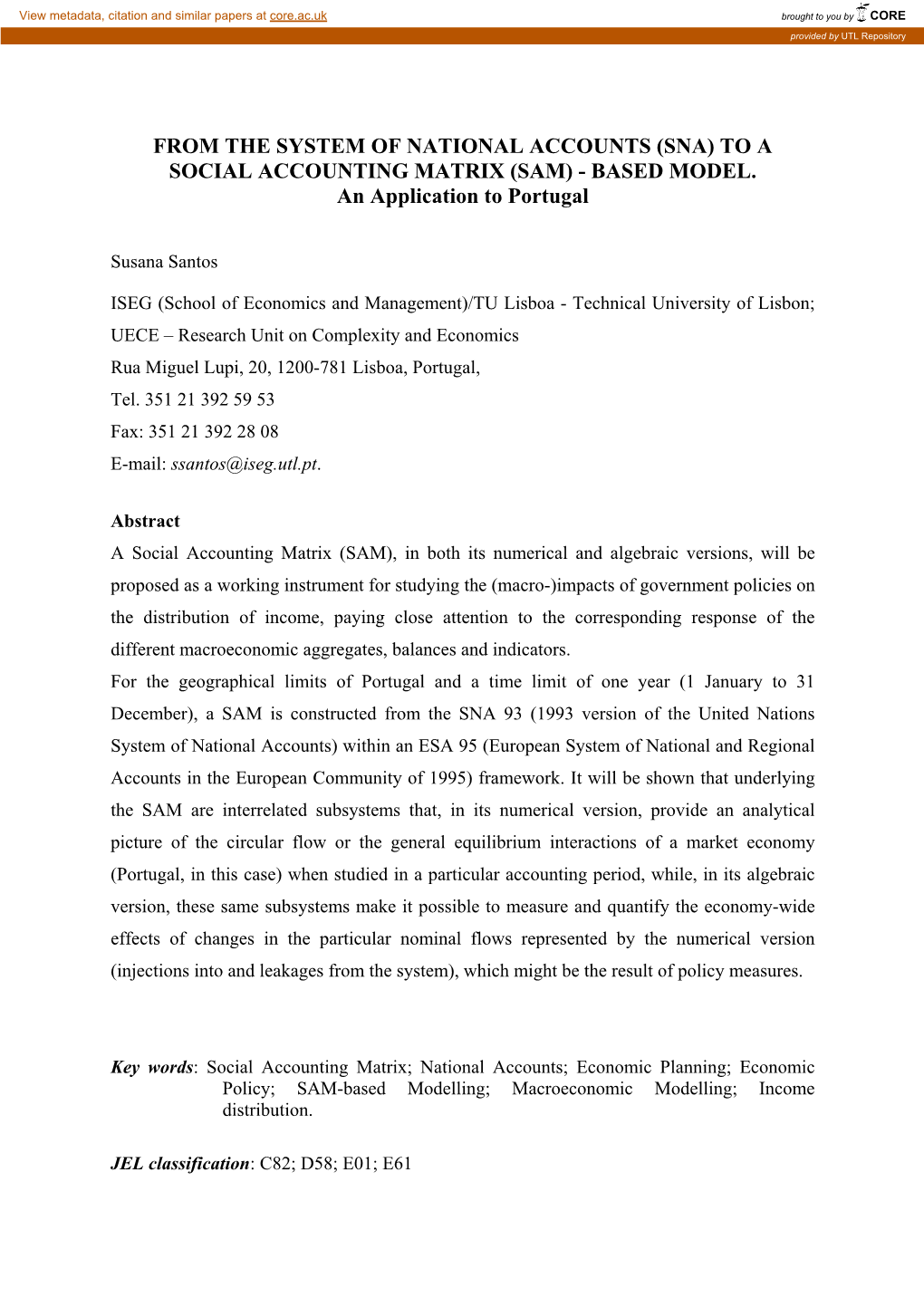 From the System of National Accounts (Sna) to a Social Accounting Matrix (Sam) - Based Model