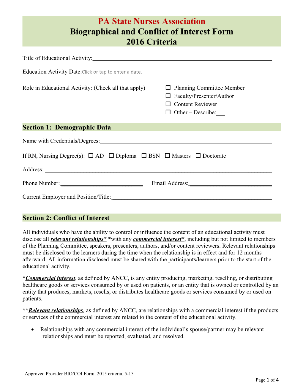 Biographical and Conflict of Interest Form