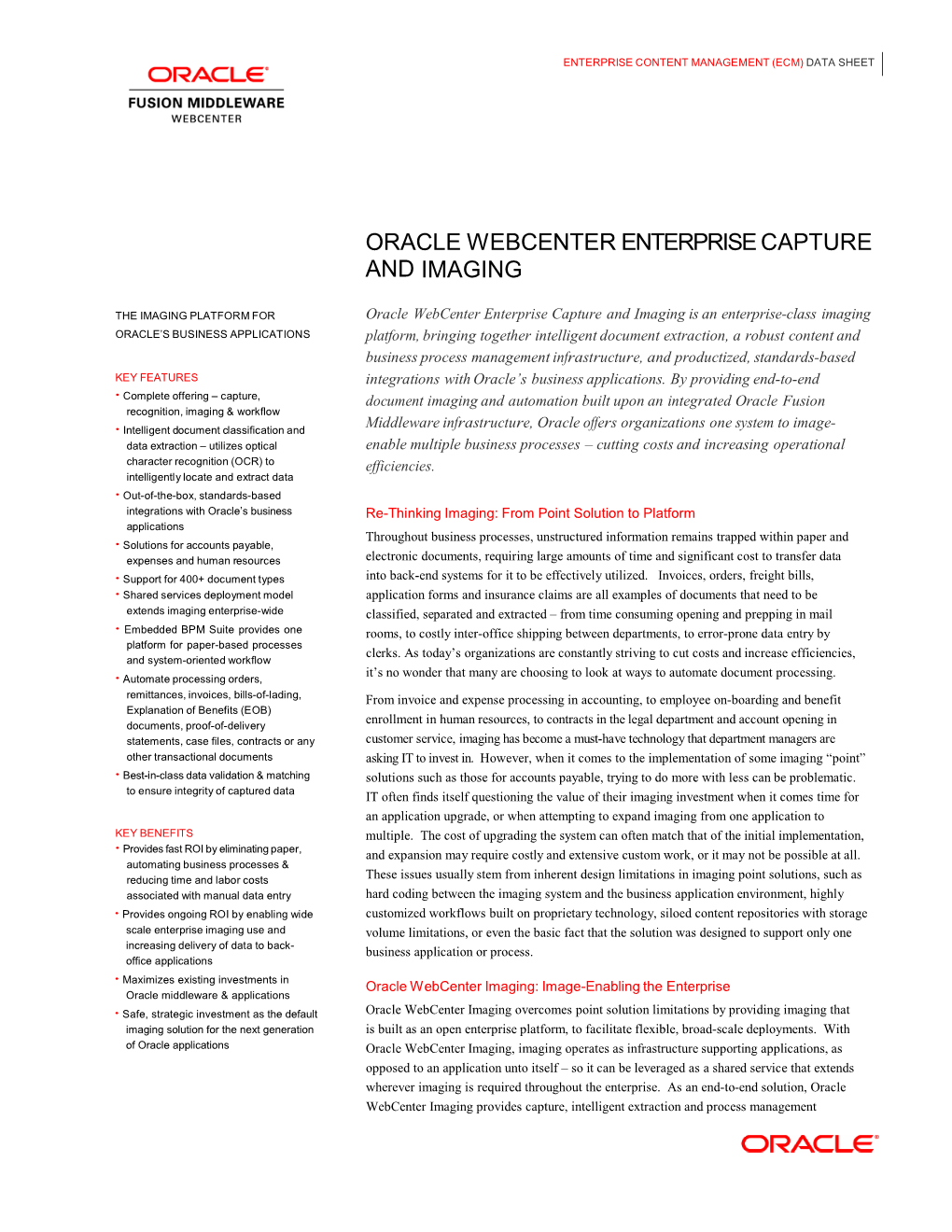 Oracle Webcenter Enterprise Capture and Imaging Data Sheet