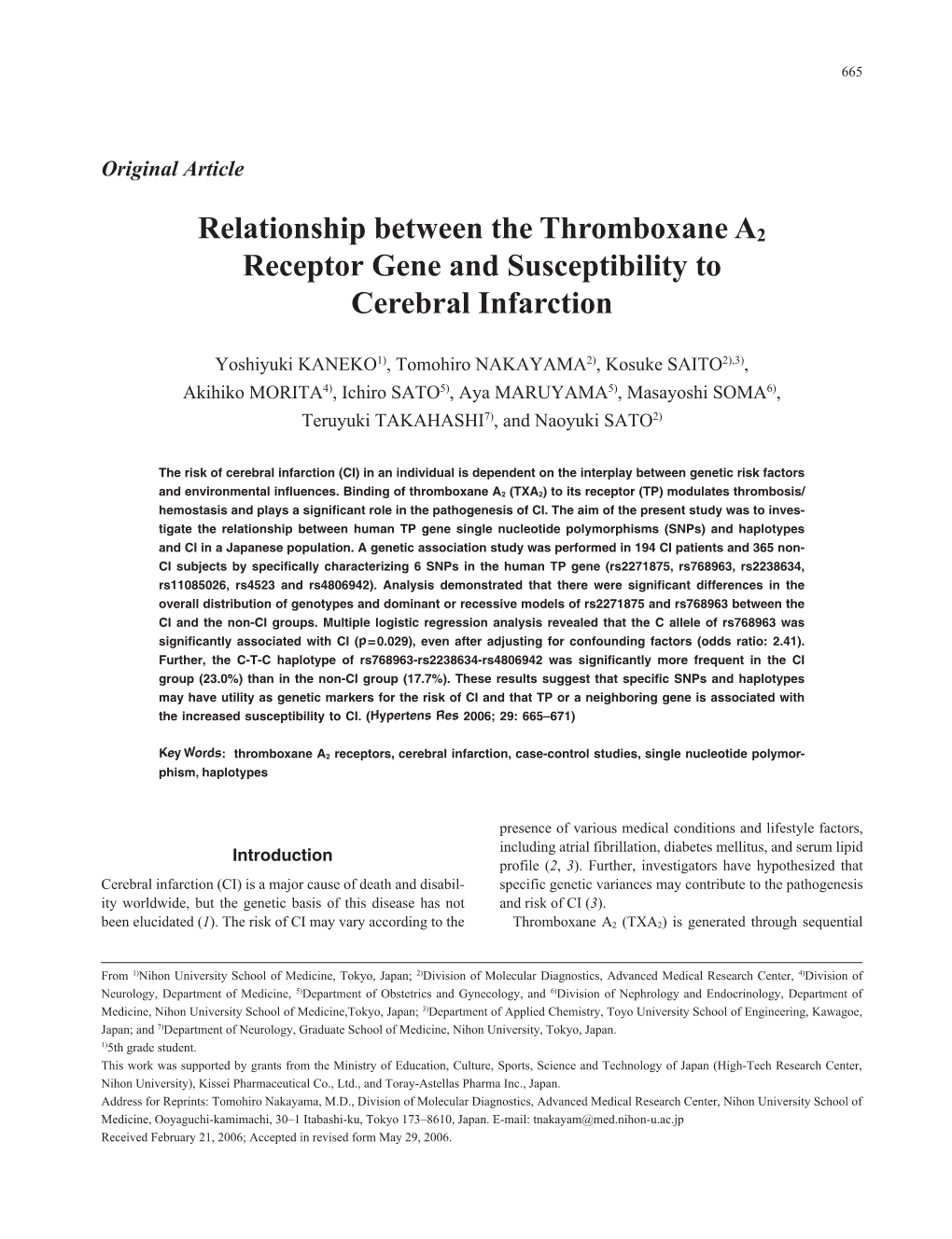 Relationship Between the Thromboxane A2 Receptor Gene and Susceptibility to Cerebral Infarction