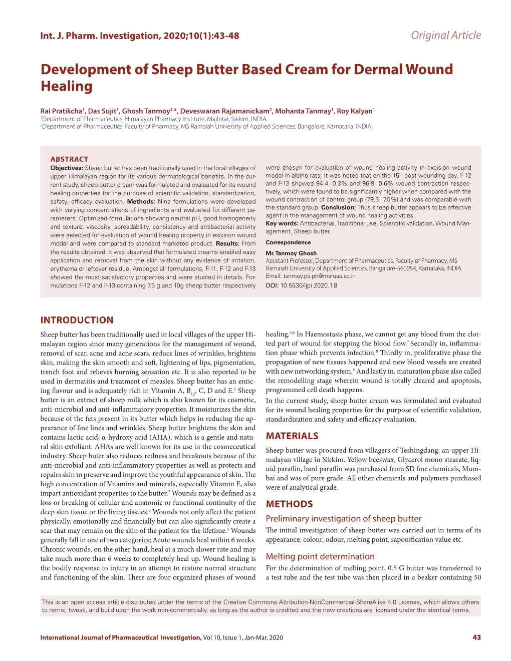 Development of Sheep Butter Based Cream for Dermal Wound Healing