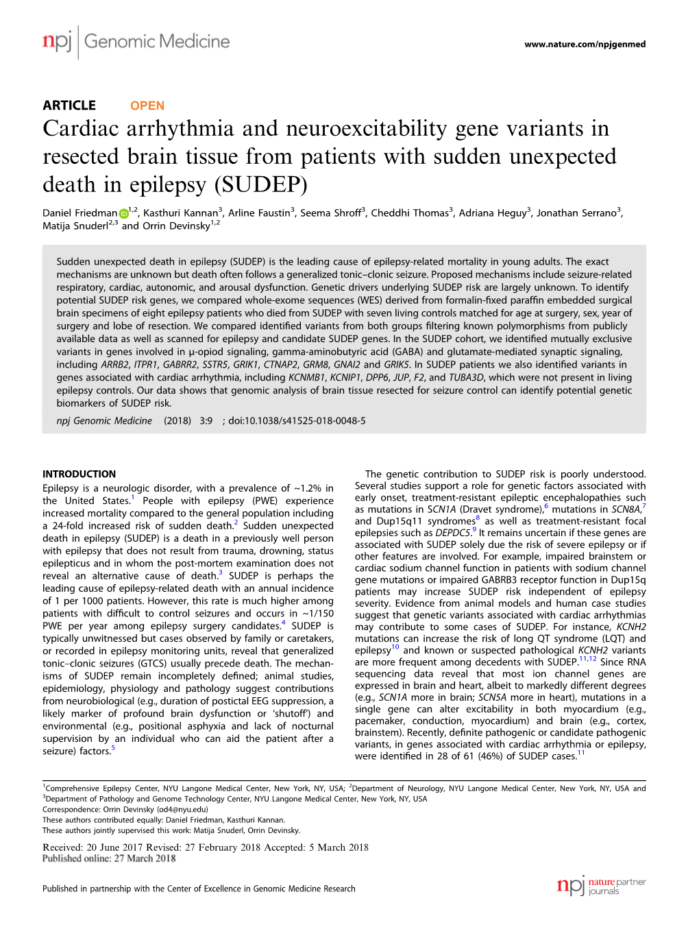 Cardiac Arrhythmia and Neuroexcitability Gene Variants in Resected Brain Tissue from Patients with Sudden Unexpected Death in Epilepsy (SUDEP)