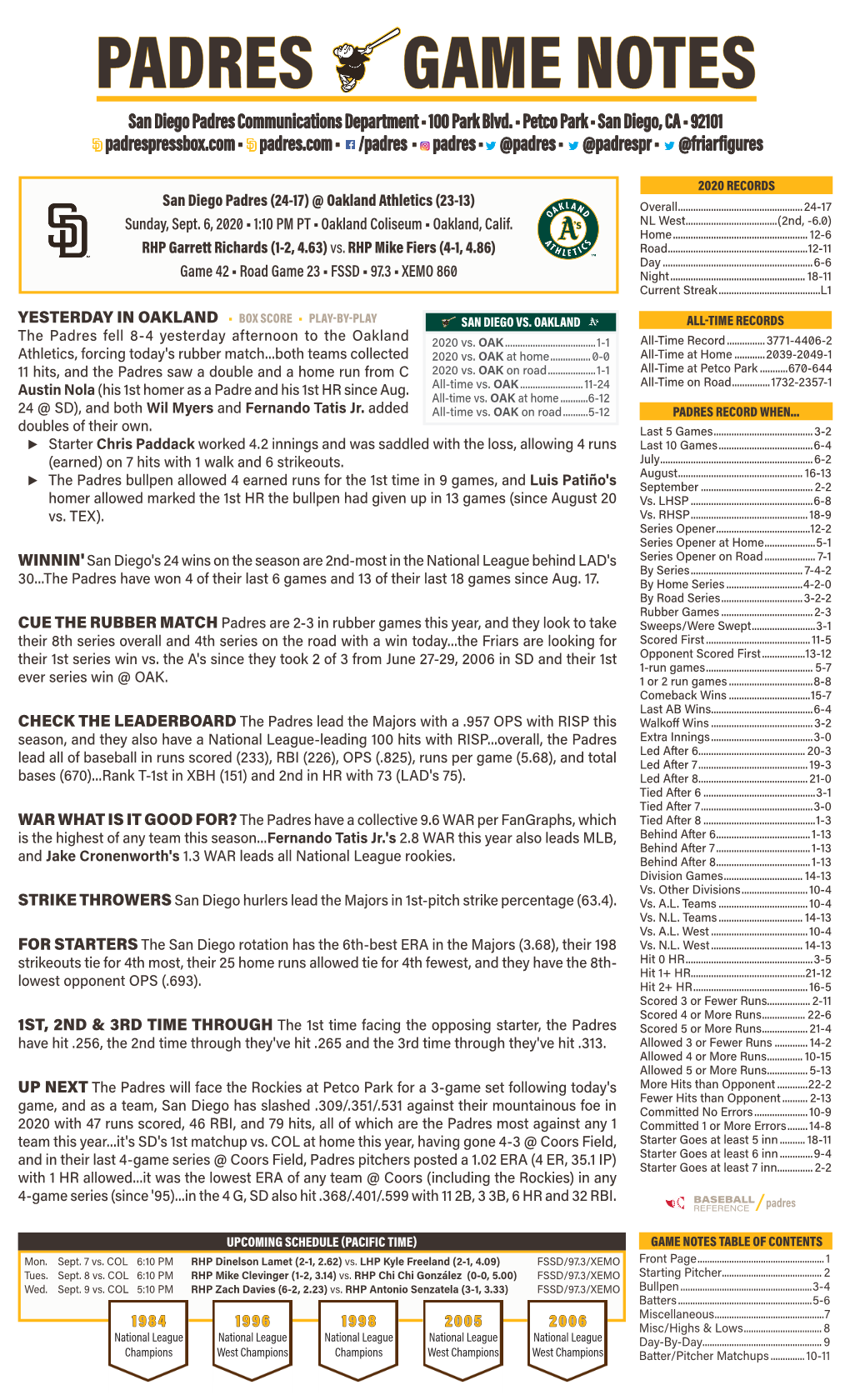PADRES GAME NOTES San Diego Padres Communications Department • 100 Park Blvd