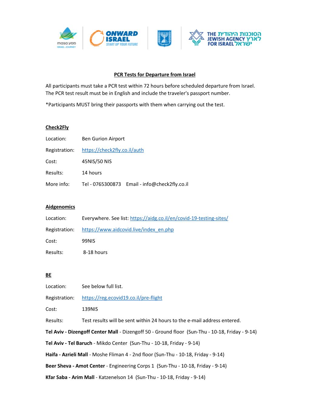 PCR Tests for Departure from Israel