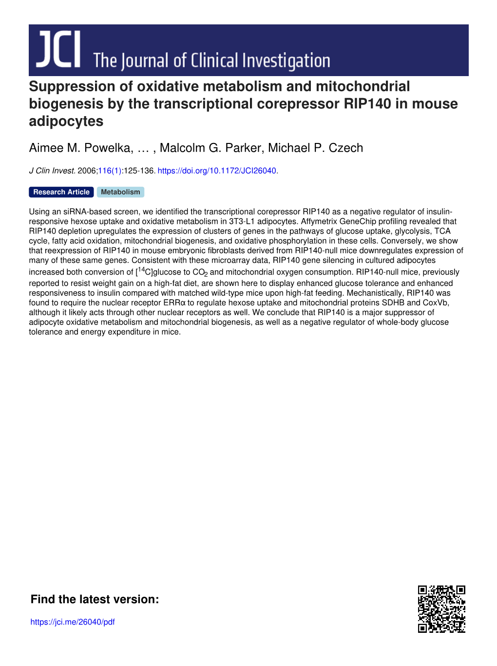 Suppression of Oxidative Metabolism and Mitochondrial Biogenesis by the Transcriptional Corepressor RIP140 in Mouse Adipocytes