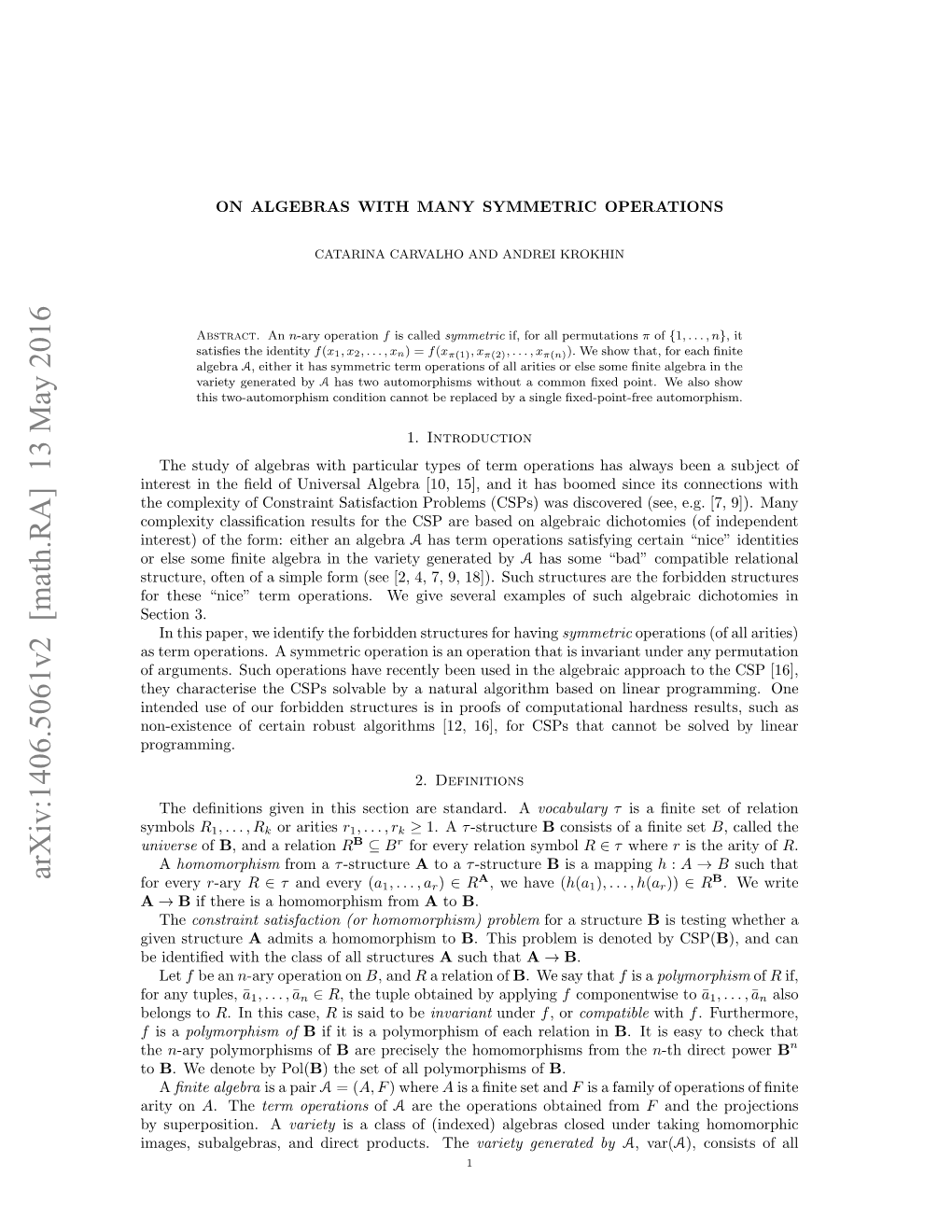 Arxiv:1406.5061V2 [Math.RA] 13 May 2016 a B for Every R-Ary R ∈ Τ and Every (A1