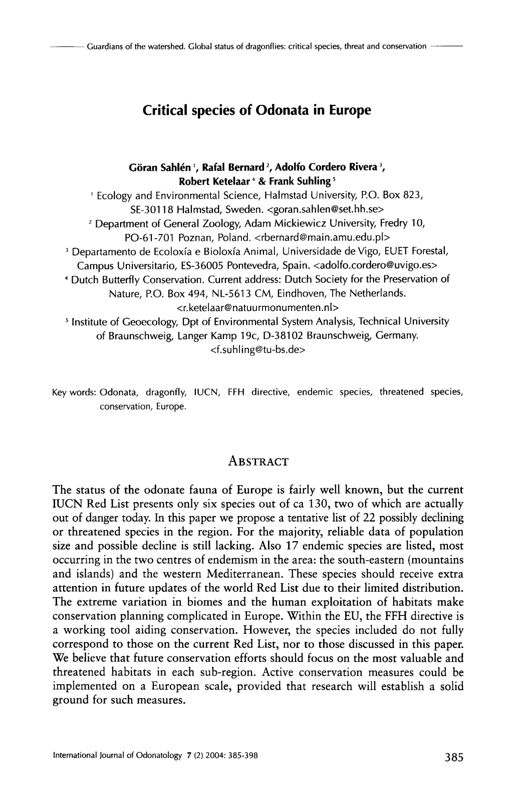 Critical Species of Odonata in Europe