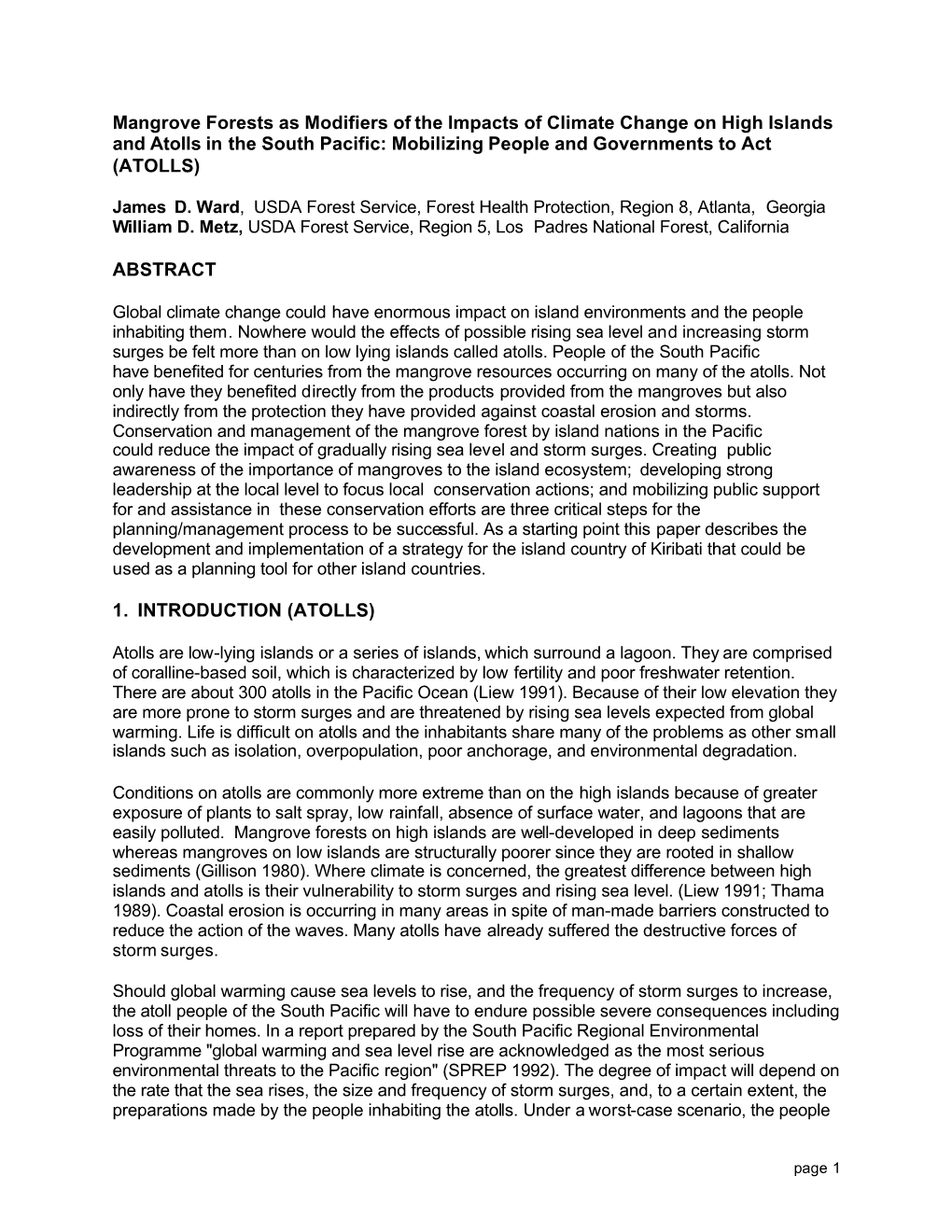 Mangrove Forests As Modifiers of the Impacts of Climate Change on High Islands and Atolls in the South Pacific: Mobilizing People and Governments to Act (ATOLLS)