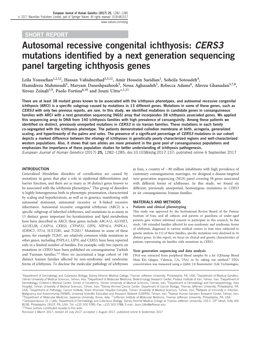 Autosomal Recessive Congenital Ichthyosis: CERS3 Mutations Identiﬁed by a Next Generation Sequencing Panel Targeting Ichthyosis Genes