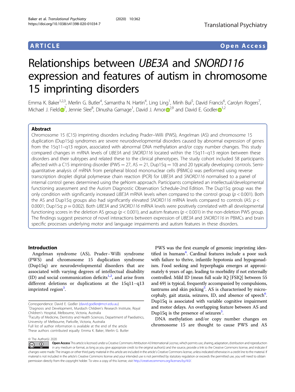 Relationships Between UBE3A and SNORD116 Expression and Features of Autism in Chromosome 15 Imprinting Disorders Emma K