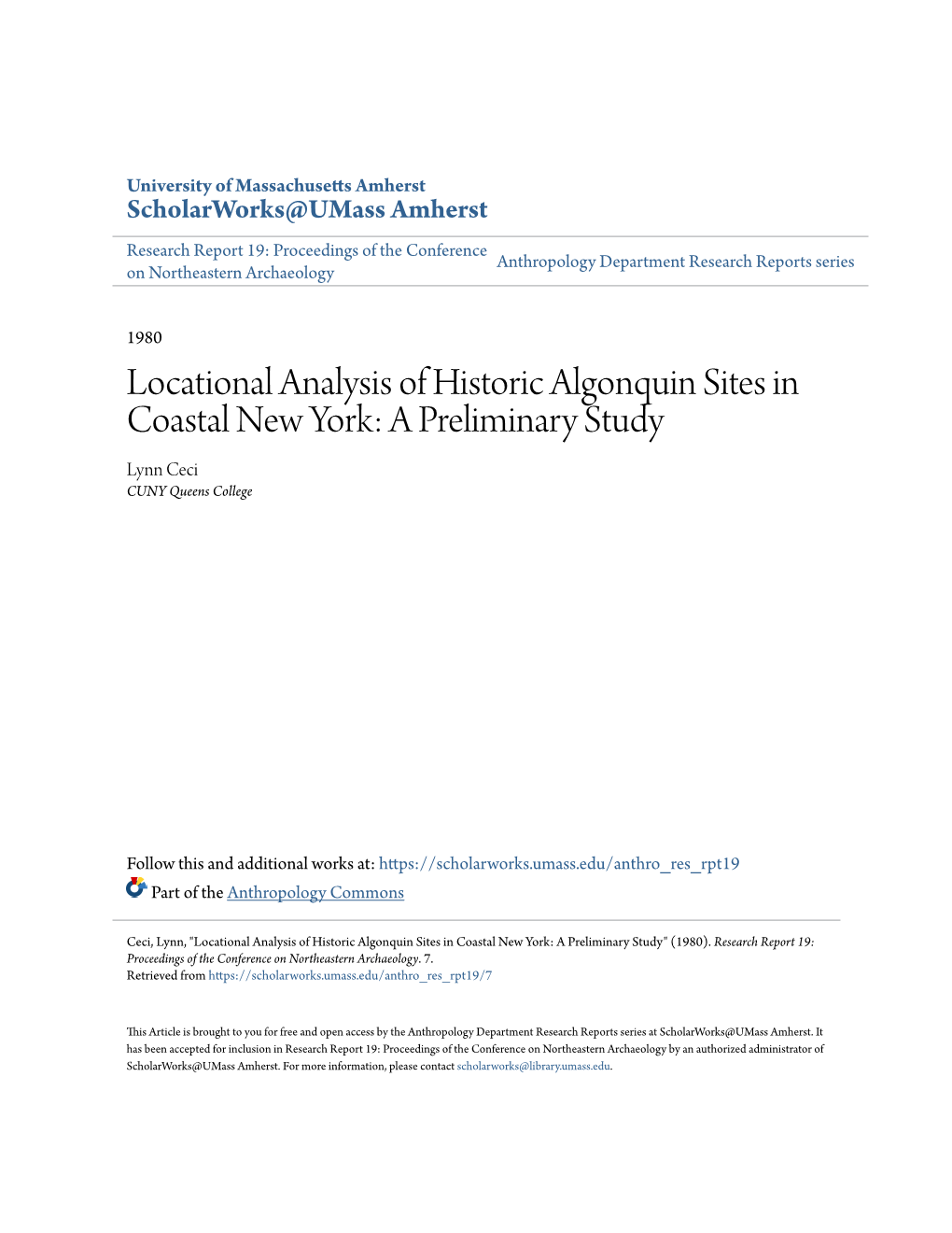 Locational Analysis of Historic Algonquin Sites in Coastal New York: a Preliminary Study Lynn Ceci CUNY Queens College