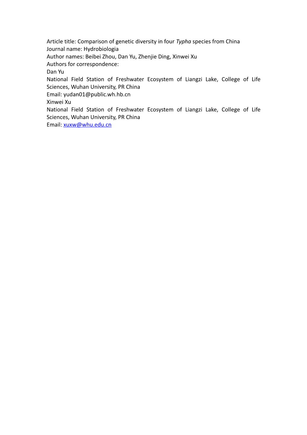 Article Title: Comparison of Genetic Diversity in Four Typha Species from China