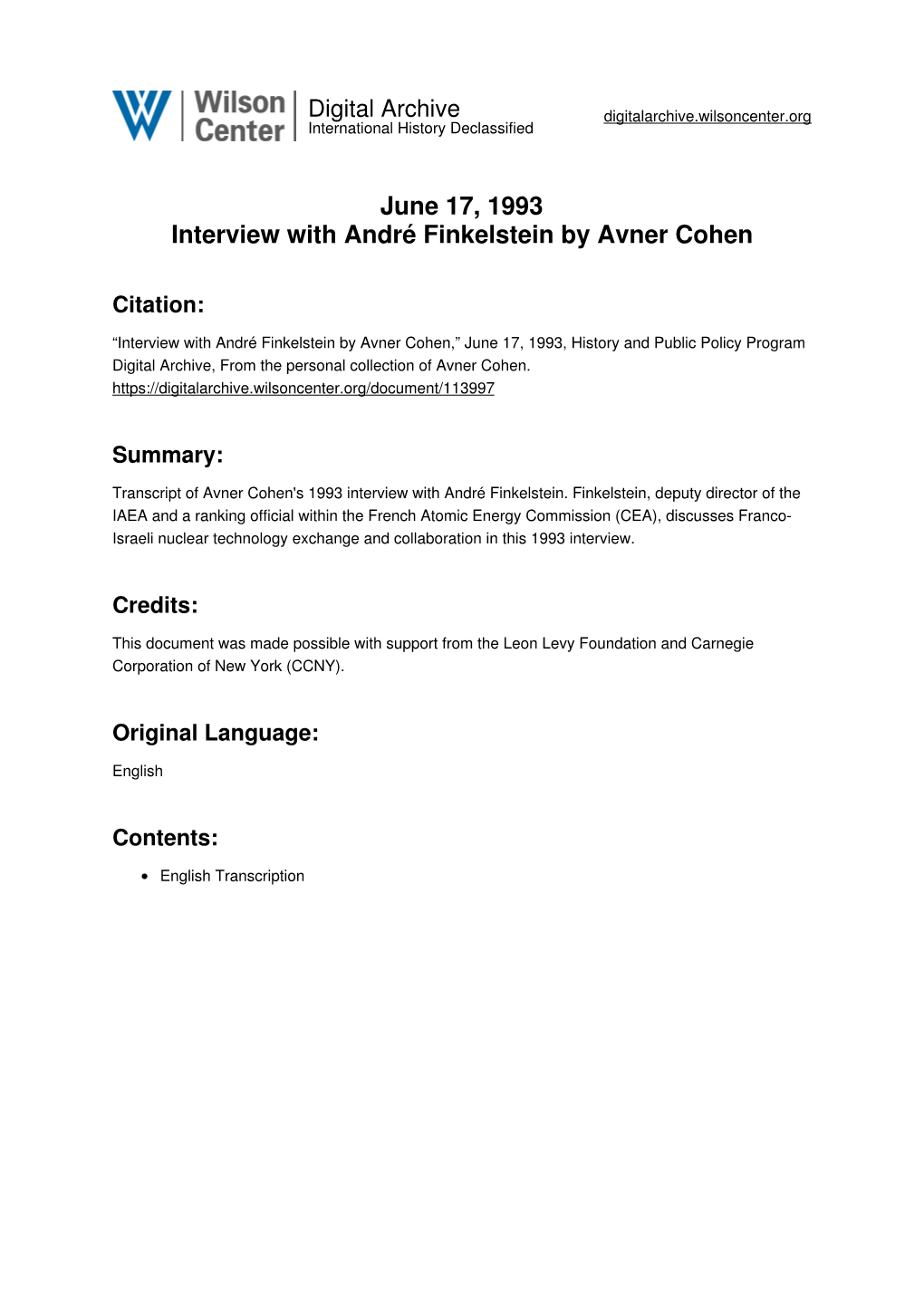 June 17, 1993 Interview with André Finkelstein by Avner Cohen