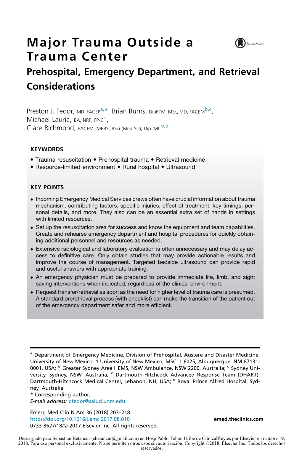 Major Trauma Outside a Trauma Center Prehospital, Emergency Department, and Retrieval Considerations