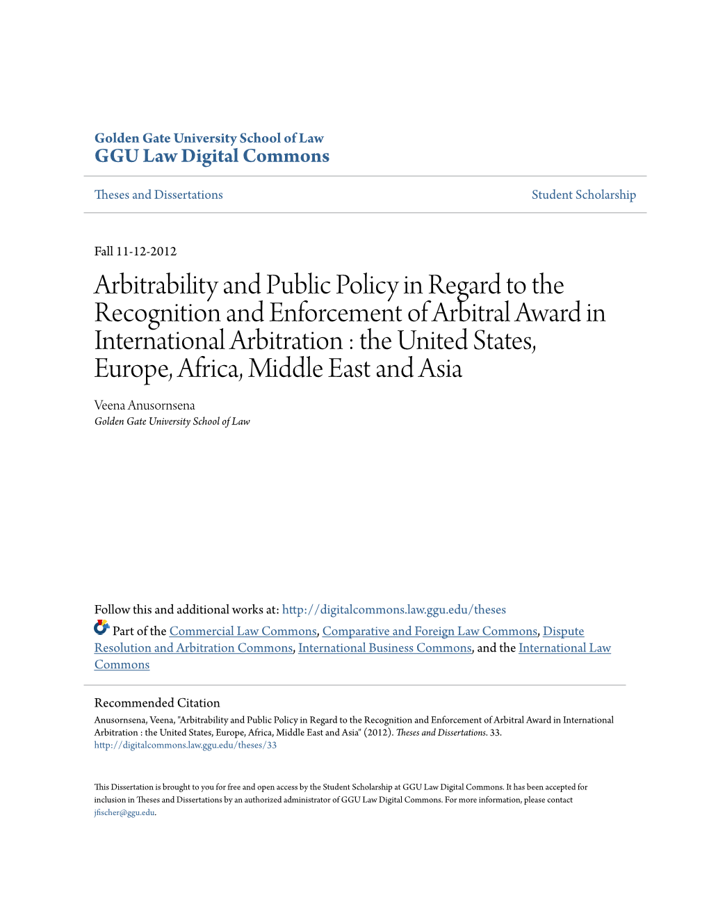 Arbitrability and Public Policy in Regard to the Recognition And