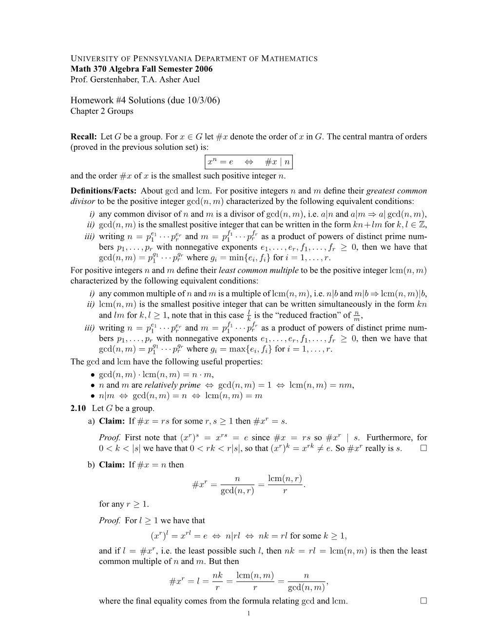 Solutions (Due 10/3/06) Chapter 2 Groups