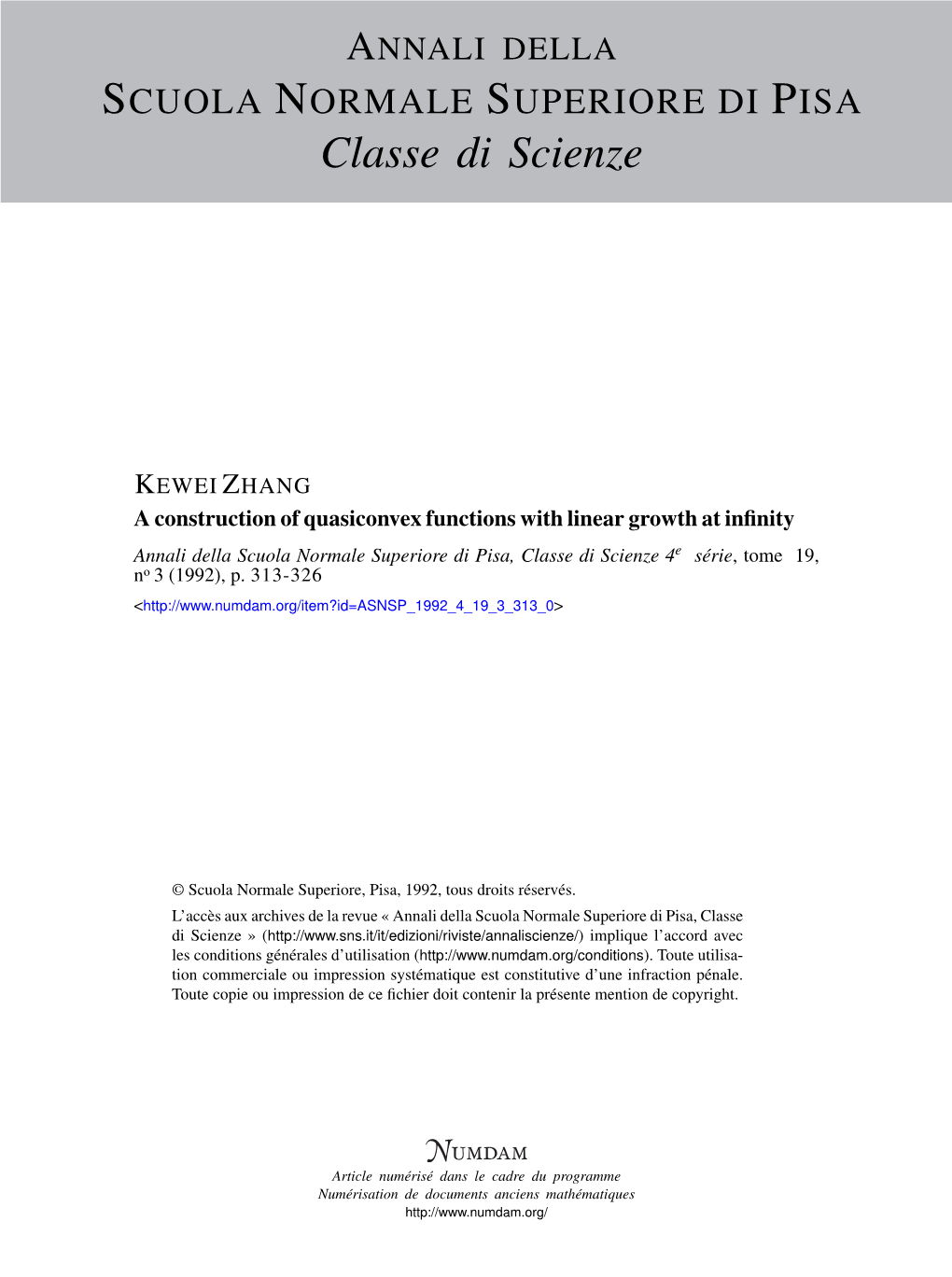 A Construction of Quasiconvex Functions with Linear Growth at Infinity