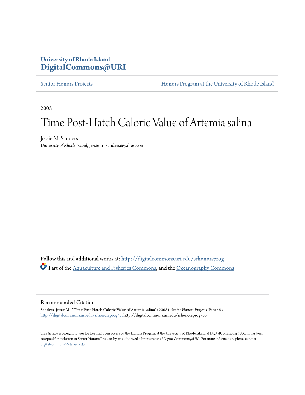Time Post-Hatch Caloric Value of Artemia Salina Jessie M