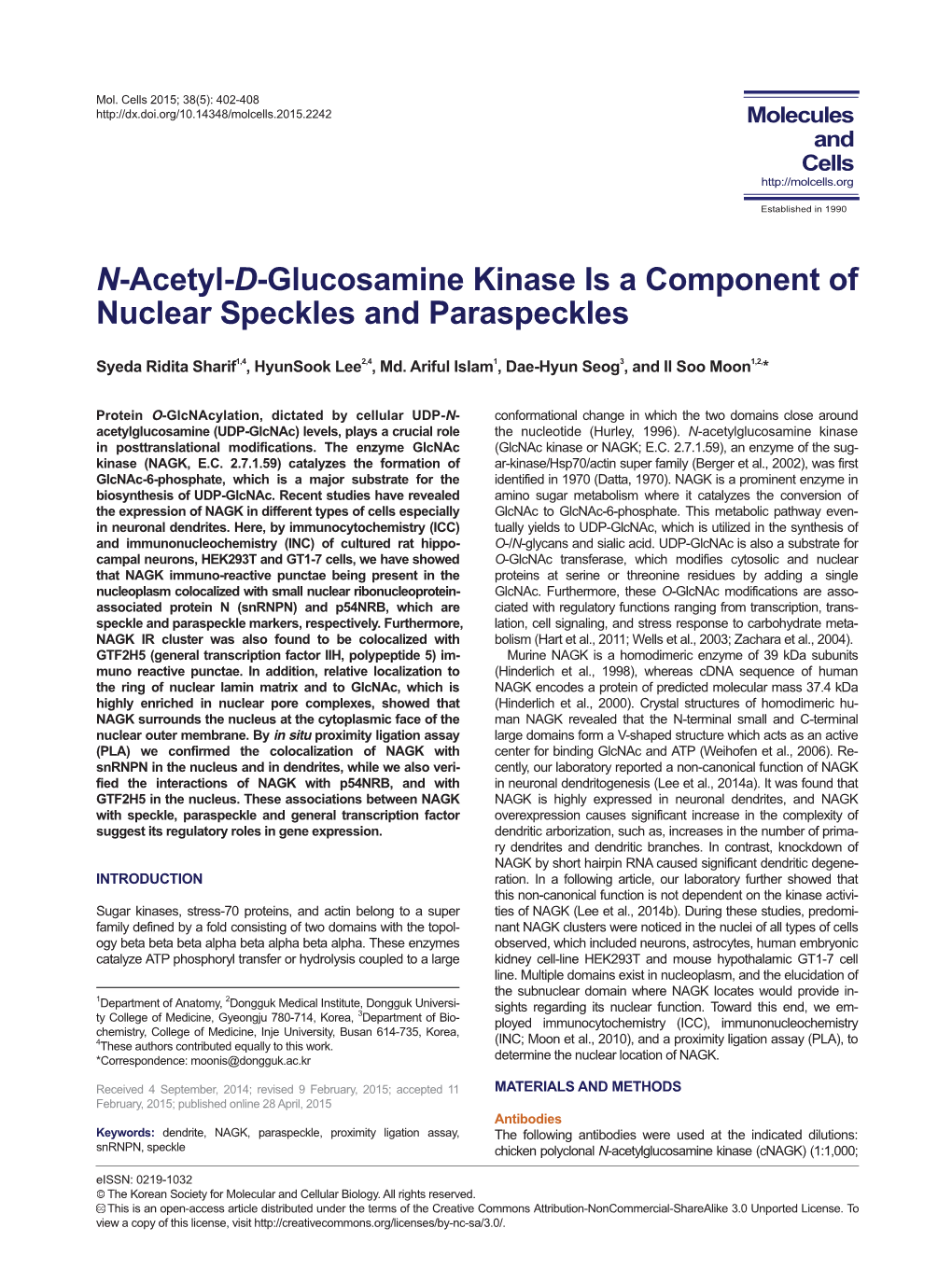 N-Acetyl-D-Glucosamine Kinase Is a Component of Nuclear Speckles and Paraspeckles