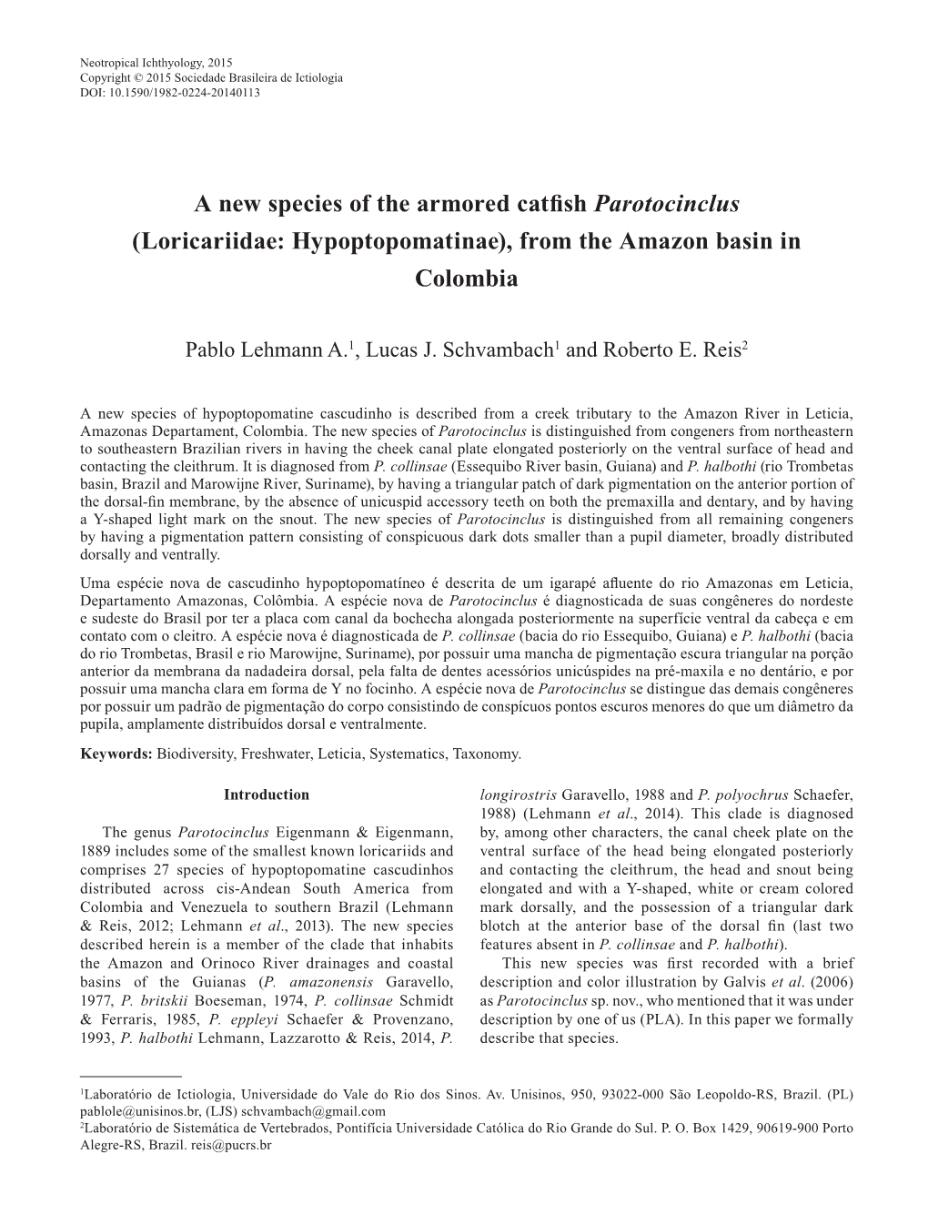 A New Species of the Armored Catfish Parotocinclus (Loricariidae: Hypoptopomatinae), from the Amazon Basin in Colombia