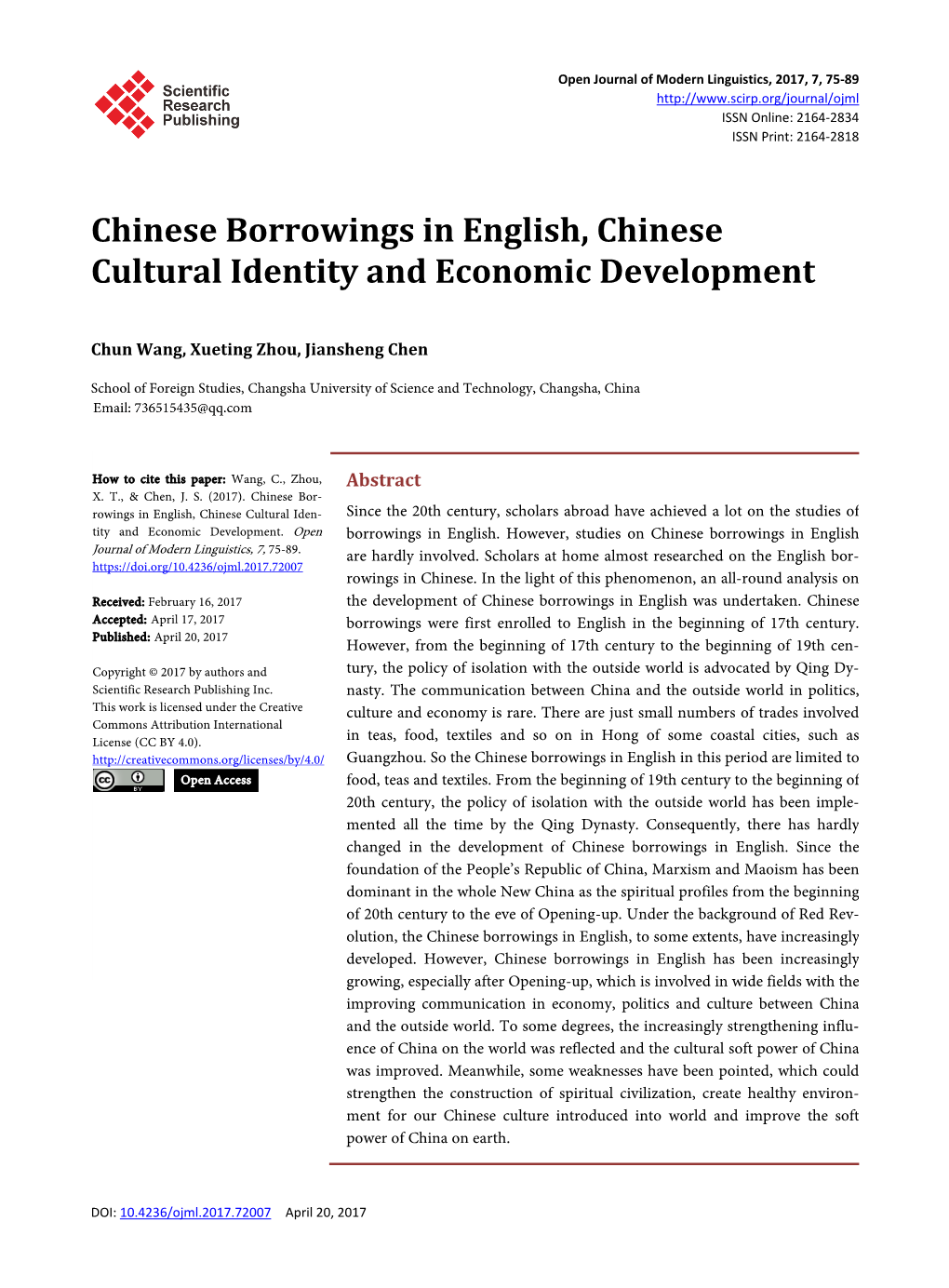 Chinese Borrowings in English, Chinese Cultural Identity and Economic Development