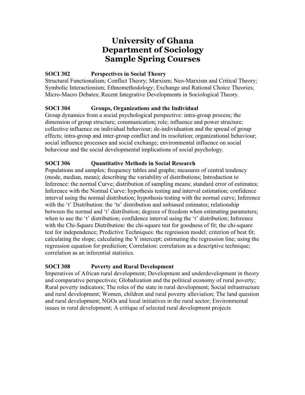 University of Ghana Department of Sociology Sample Spring Courses