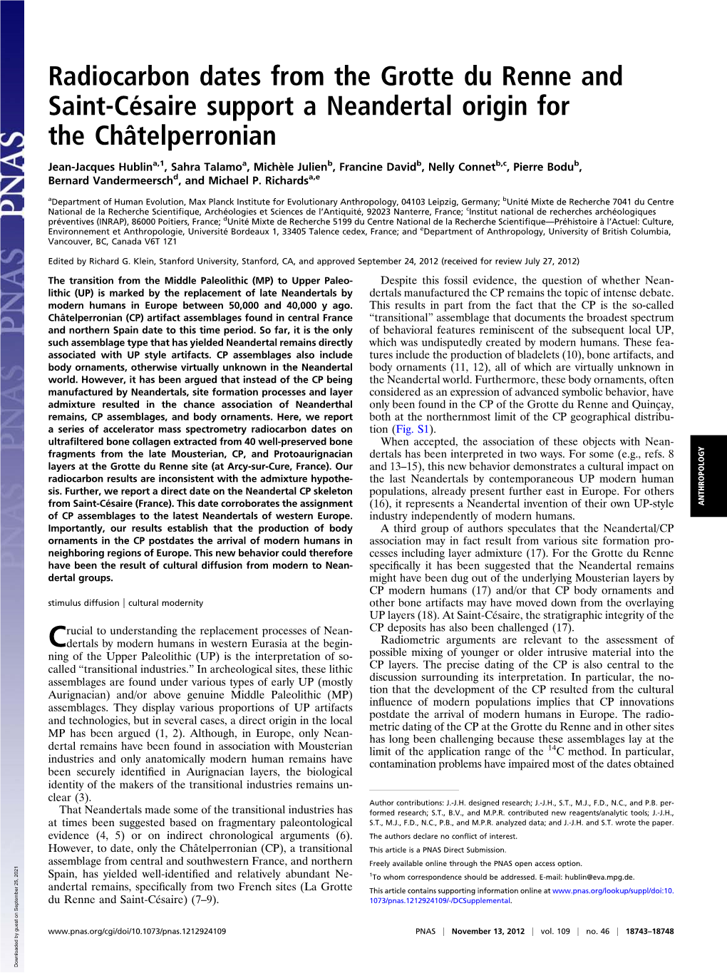 Radiocarbon Dates from the Grotte Du Renne and Saint-Césaire Support a Neandertal Origin for the Châtelperronian