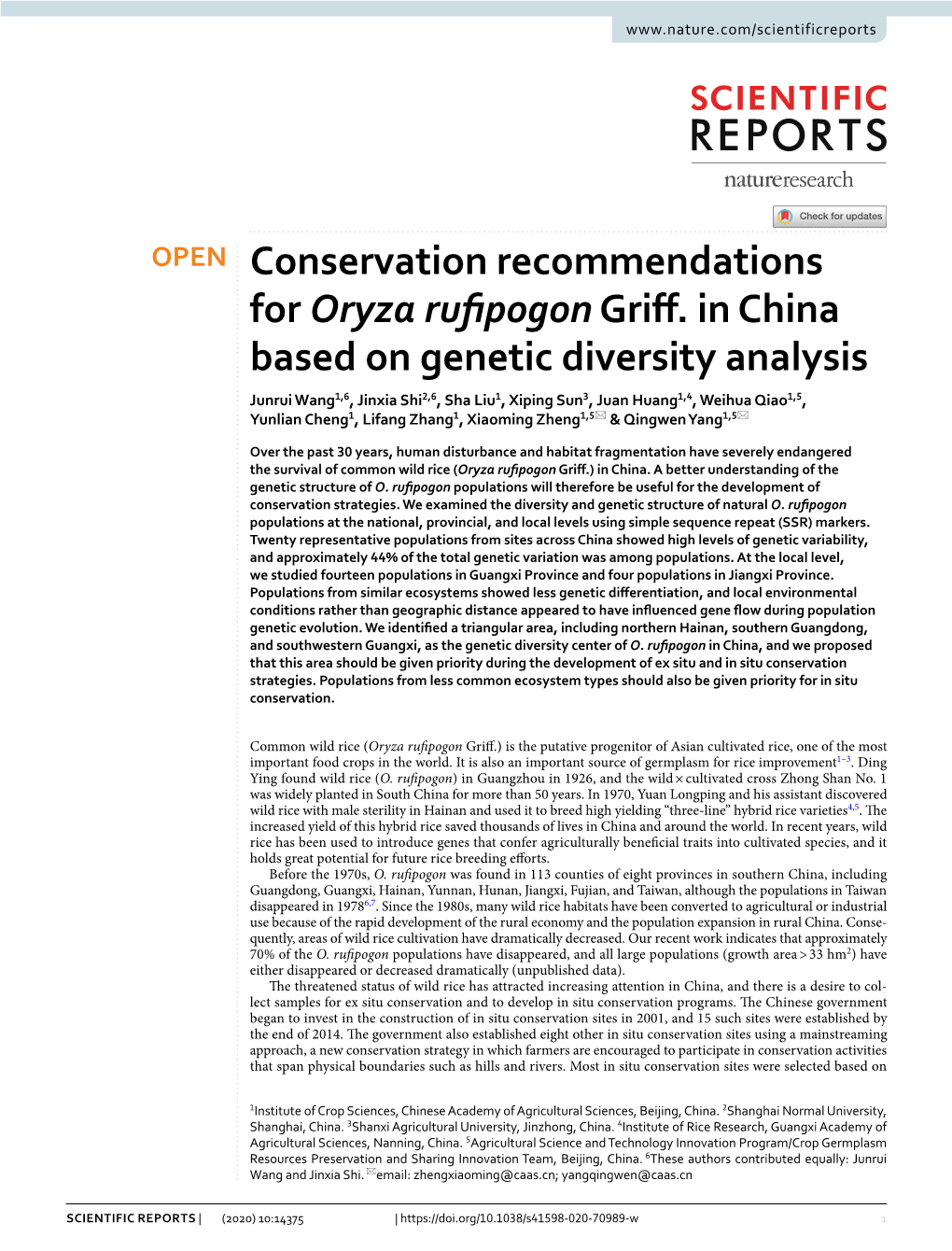 Conservation Recommendations for Oryza Rufipogon Griff. in China