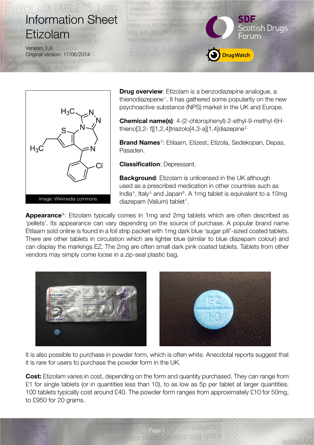 Information Sheet Etizolam Version: 1.0 Original Version: 17/06/2014