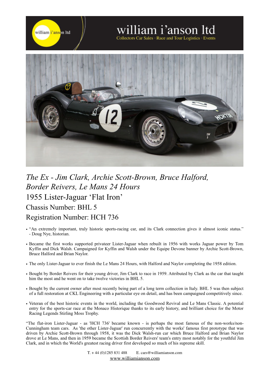 Lister-Jaguar ‘Flat Iron’ Chassis Number: BHL 5 Registration Number: HCH 736