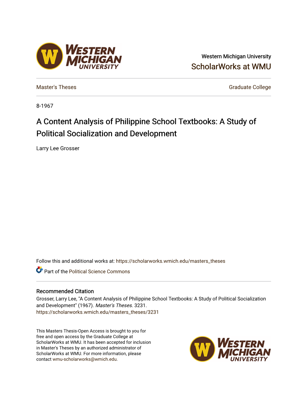 A Content Analysis of Philippine School Textbooks: a Study of Political Socialization and Development