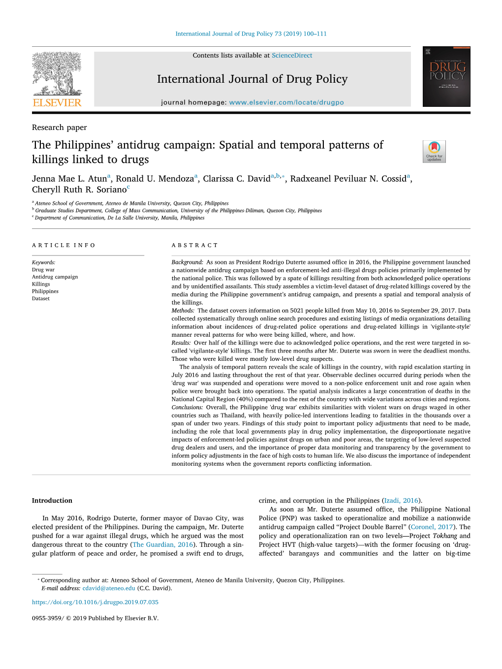 The Philippines' Antidrug Campaign Spatial and Temporal Patterns of Killings Linked to Drugs