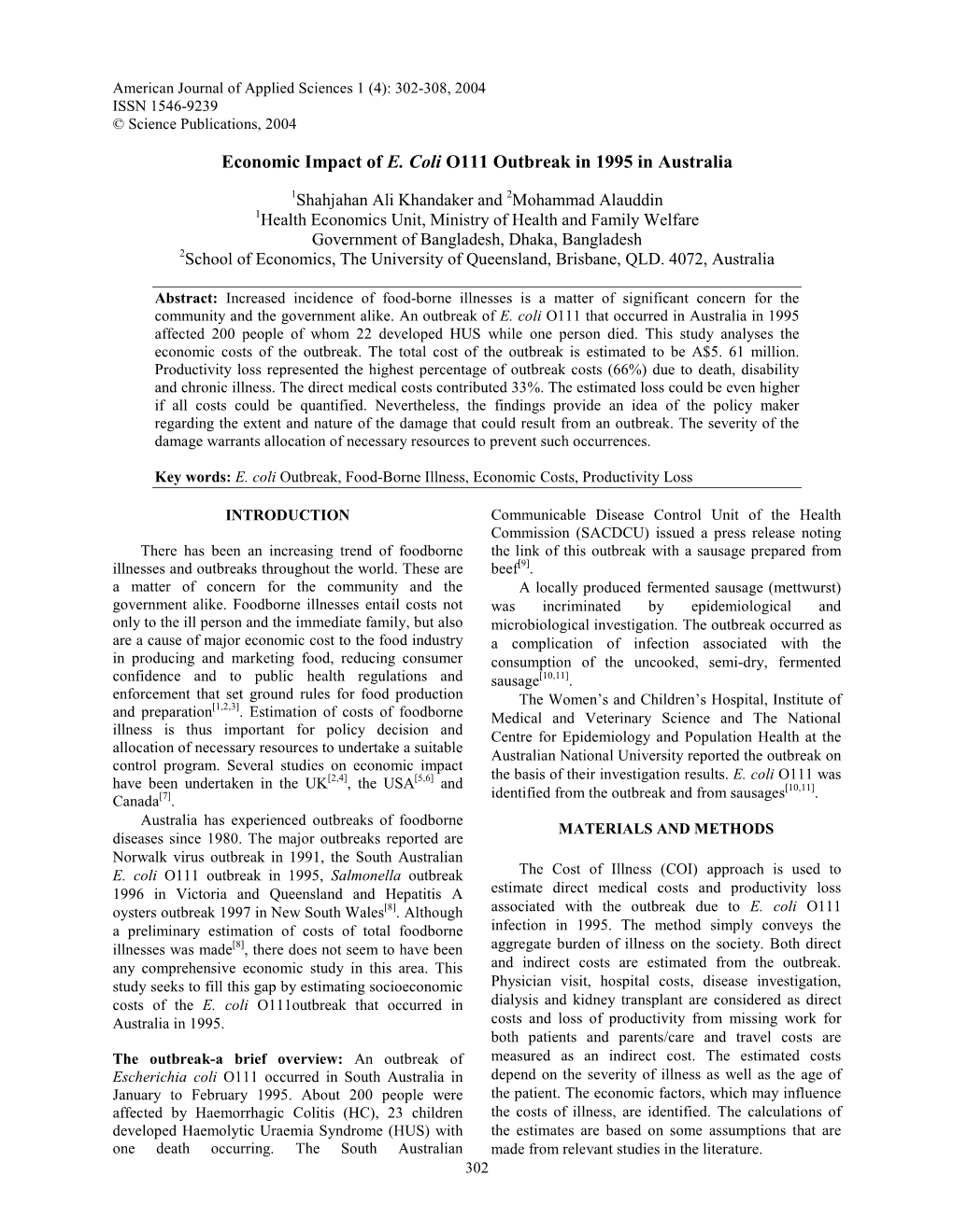 Economic Impact of E. Coli O111 Outbreak in 1995 in Australia