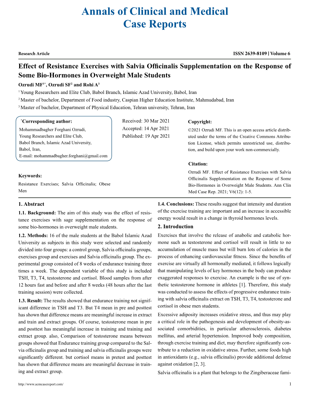 Effect of Resistance Exercises with Salvia Officinalis Supplementation on the Response of Some Bio-Hormones in Overweight Male S