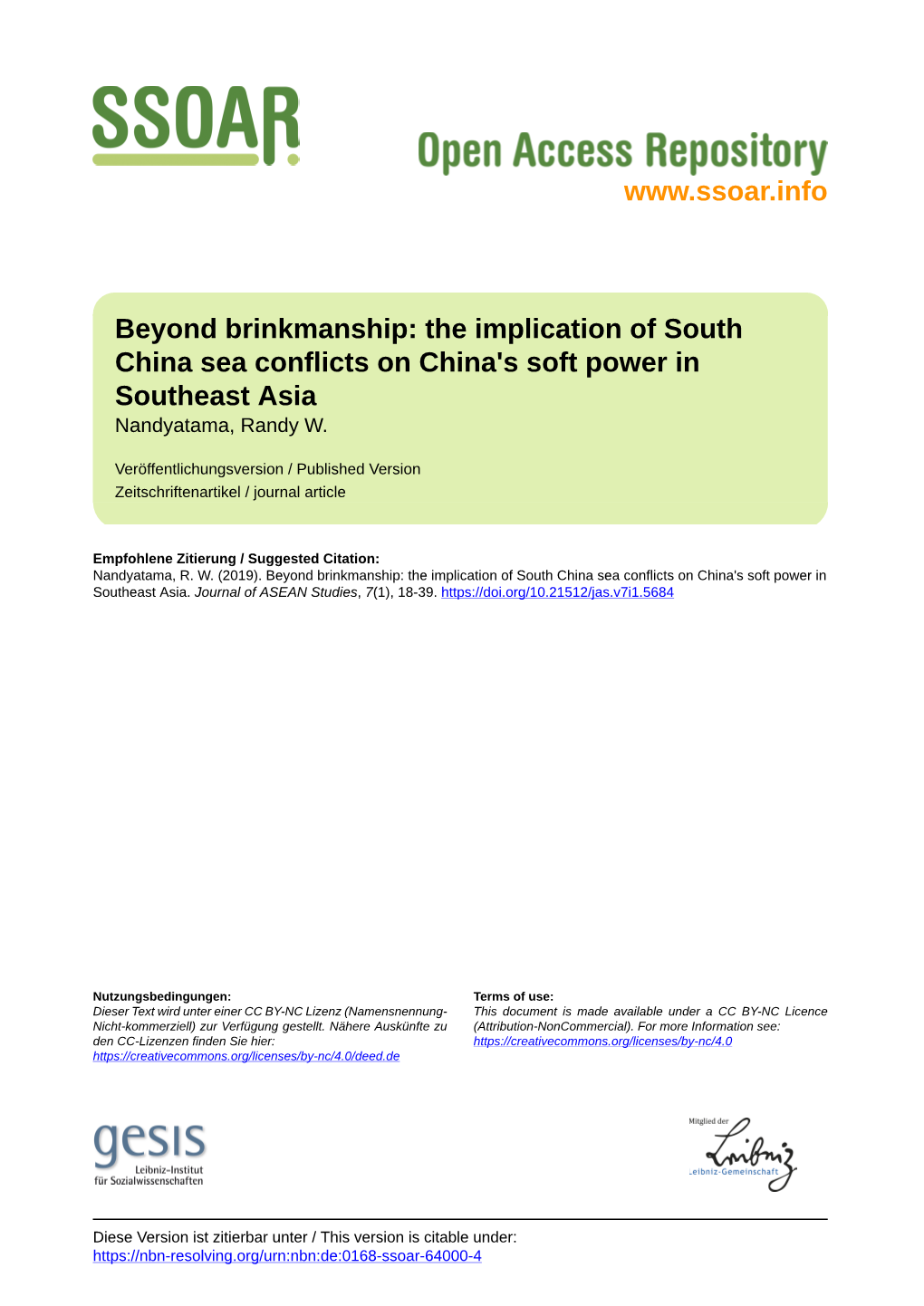 The Implication of South China Sea Conflicts on China's Soft Power in Southeast Asia Nandyatama, Randy W