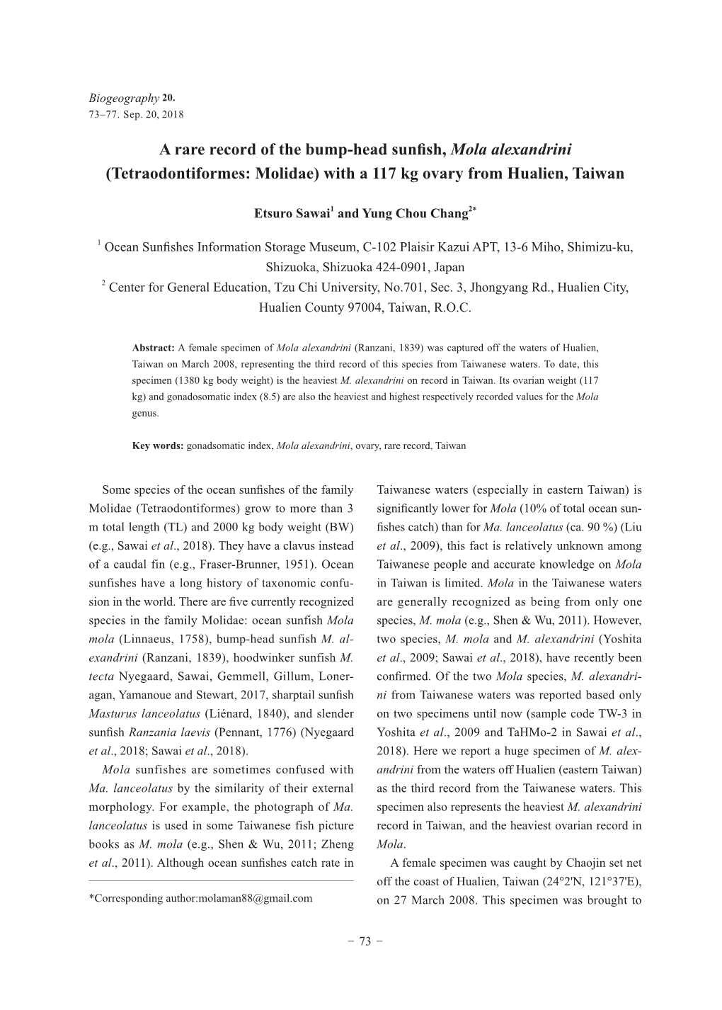 A Rare Record of the Bump-Head Sunfish, Mola Alexandrini (Tetraodontiformes: Molidae) with a 117 Kg Ovary from Hualien, Taiwan