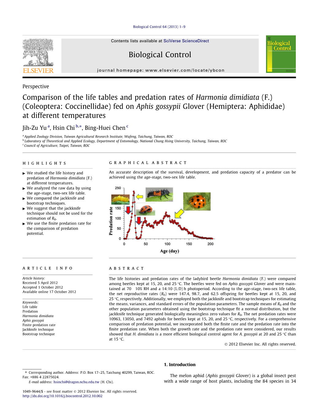 Comparison of the Life Tables and Predation Rates of Harmonia Dimidiata (F.) (Coleoptera: Coccinellidae) Fed on Aphis Gossypii G