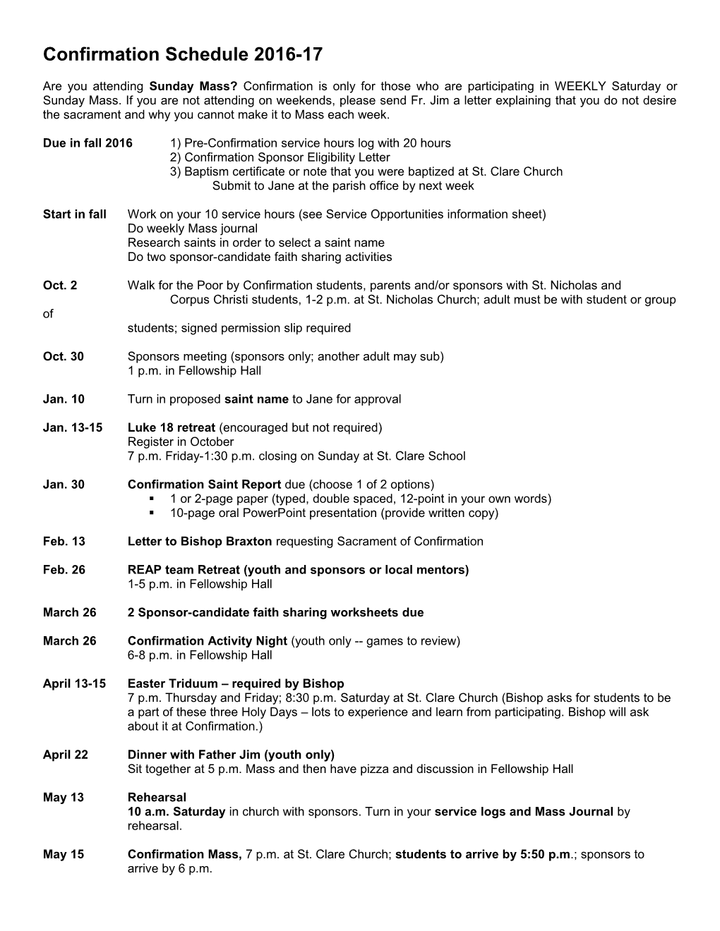 Confirmation Schedule 2016-17